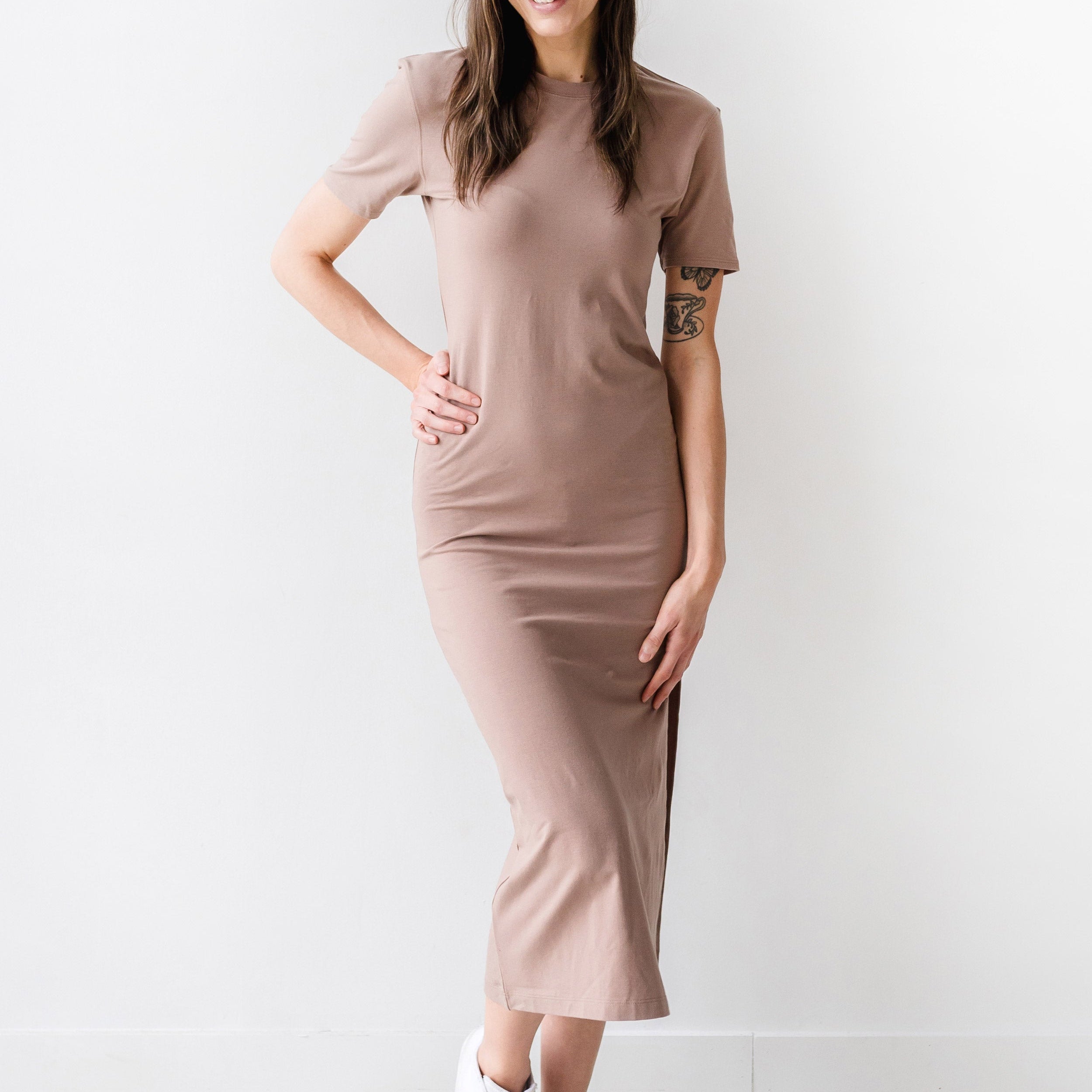 The Maxi T-Shirt Dress in Latte | FRANC Sustainable Clothing
